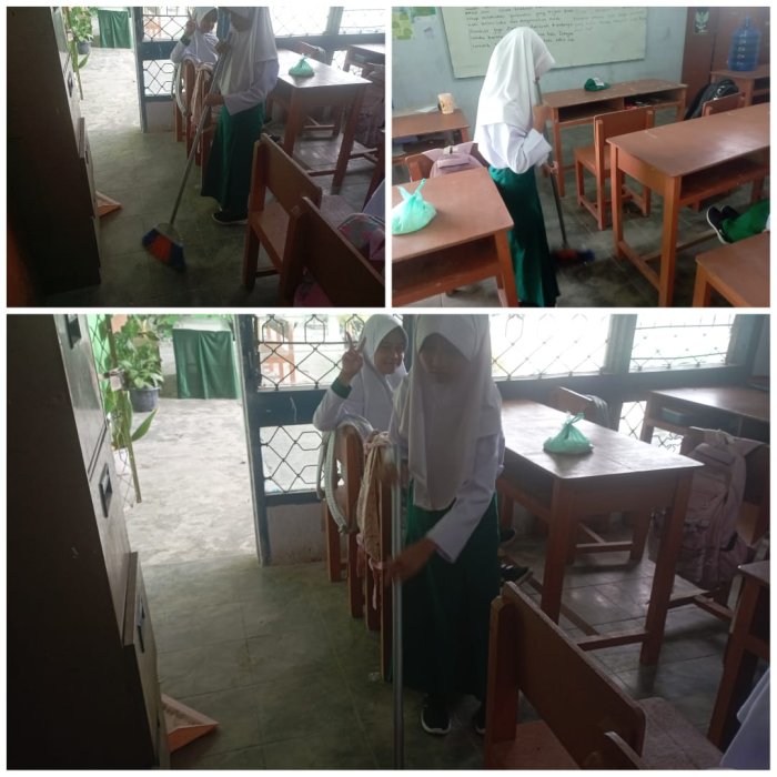 Kebersamaan siswa MIN 1 Kerinci dalam kegiatan piket kelas sebagai wujud tanggung jawab menjaga kebersihan lingkungan