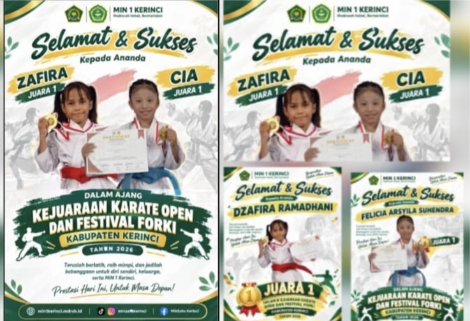 Dua Siswi MIN 1 Kerinci Raih Juara 1,Ukir Prestasi Gemilang di Kejuaraan Karate Open & Festival FORKI Kab Kerinci 2026